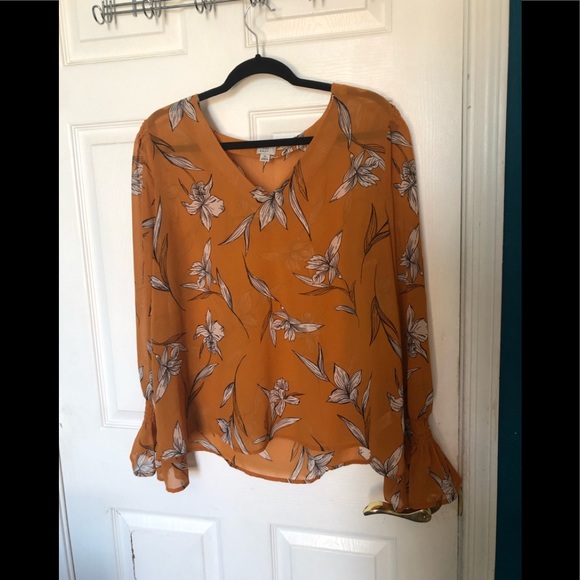 Women's Floral Print Long Bell Sleeve V-Neck Blouse - A New Day - Rust - Size XL - Picture 4 of 14